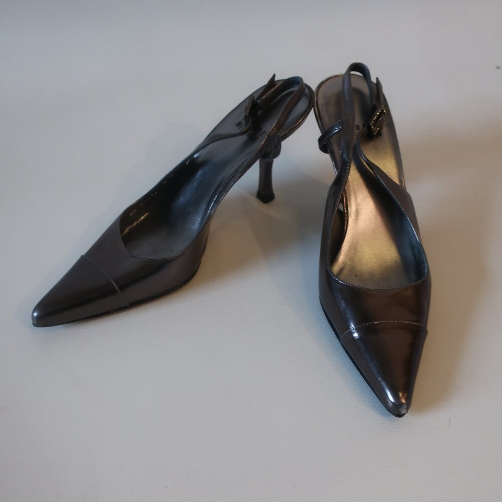 Womens Stuart Weitzman Gunmetal Leather Pointy Slingback Heels Pumps 6 *